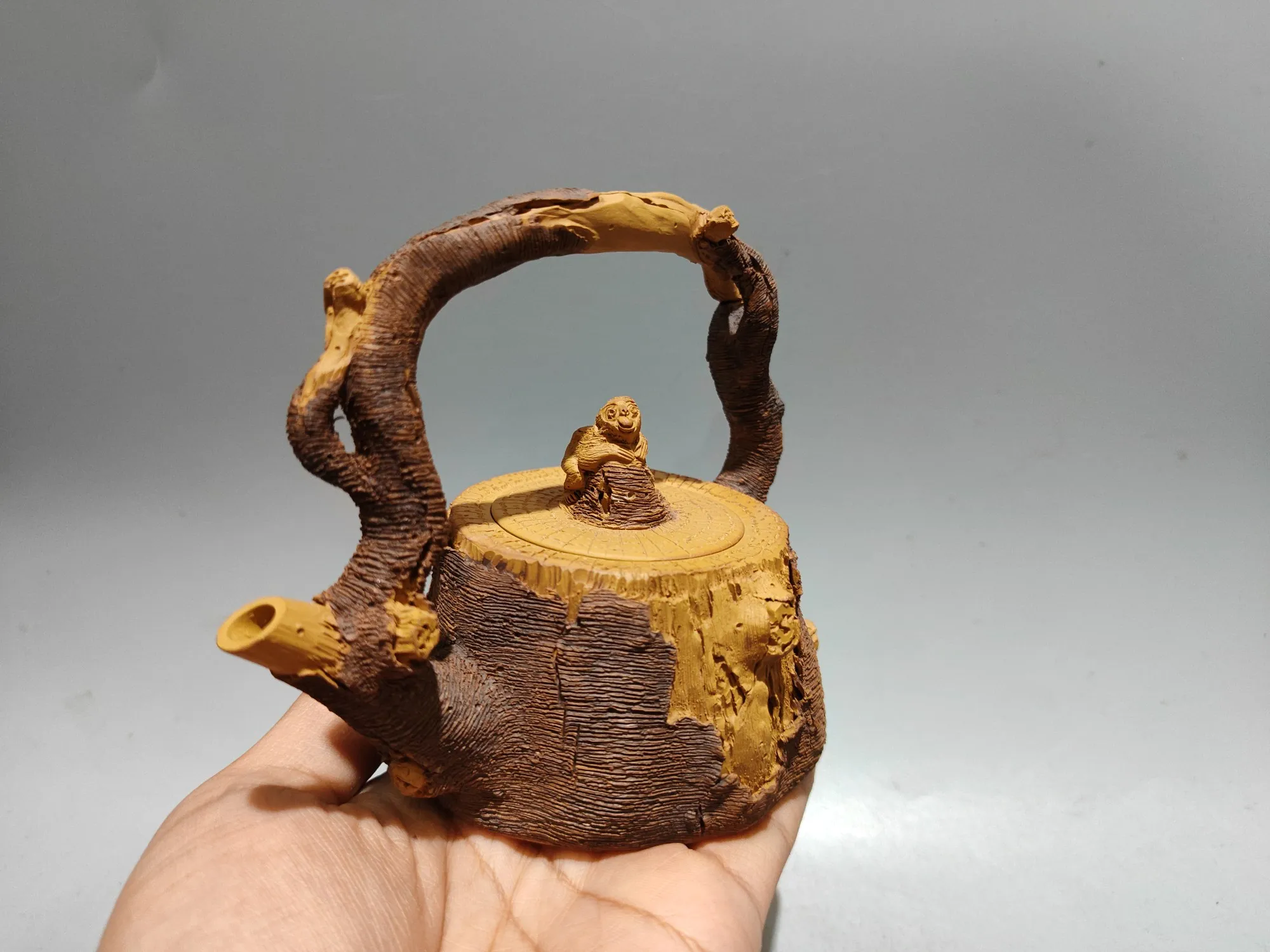 5'Xizang Folk Yixing Purple Clay Teapot Goddess Tree Stump Bark Shape Monkey Statue Kettle Teapot Flagon Ornaments