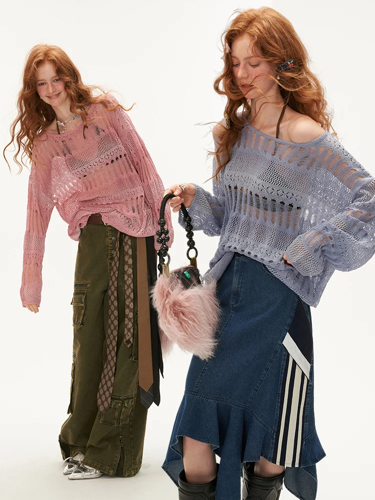 

MAMC Women's Loose Knitted Sweater Sexy Hollow out Hook Design Outerwear Casual Sle Long Sve round Ne Top for Autumn