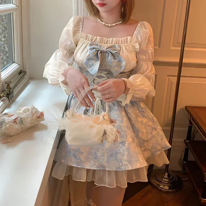 2024 Japanese Style Lolita Princess Dress Women Party Y2k Bandage Blue Cosplay Costumes Puff Sleeve Ribbon Bowknot Mini Dress