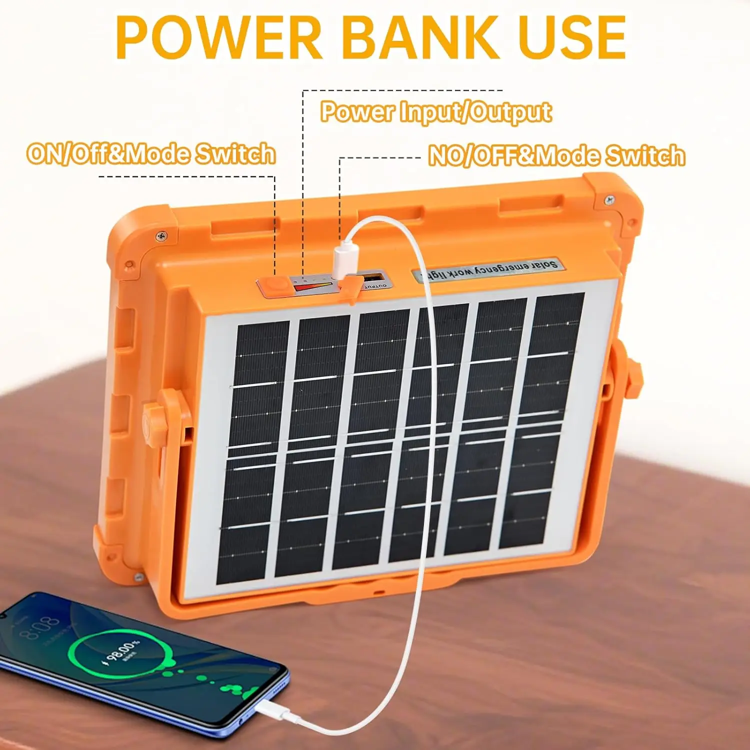 Portable Solar Rechargeable Work Light - 4 Modes Waterproof LED Flood Light for Camping, Fishing, Car Repair, Emergency Use