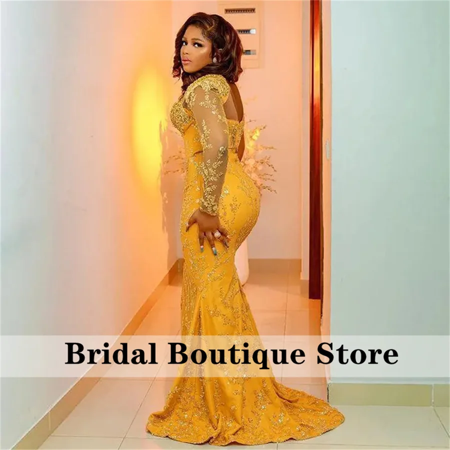 Elegant Yellow Prom Dresses 2024 Long Sleeves Sparkly Beads Crystals African Evening Gowns Wedding Reception Gown  Customized