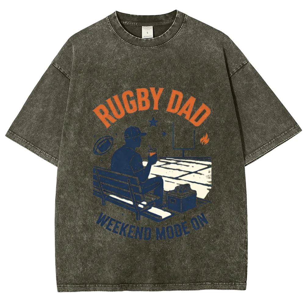 Rugby Dad Weekend Mode On T Shirt Vintage Washed Acid Wash Graphic Tees Oversized Cotton Short Sleeve Tops Gift for Sports Dad