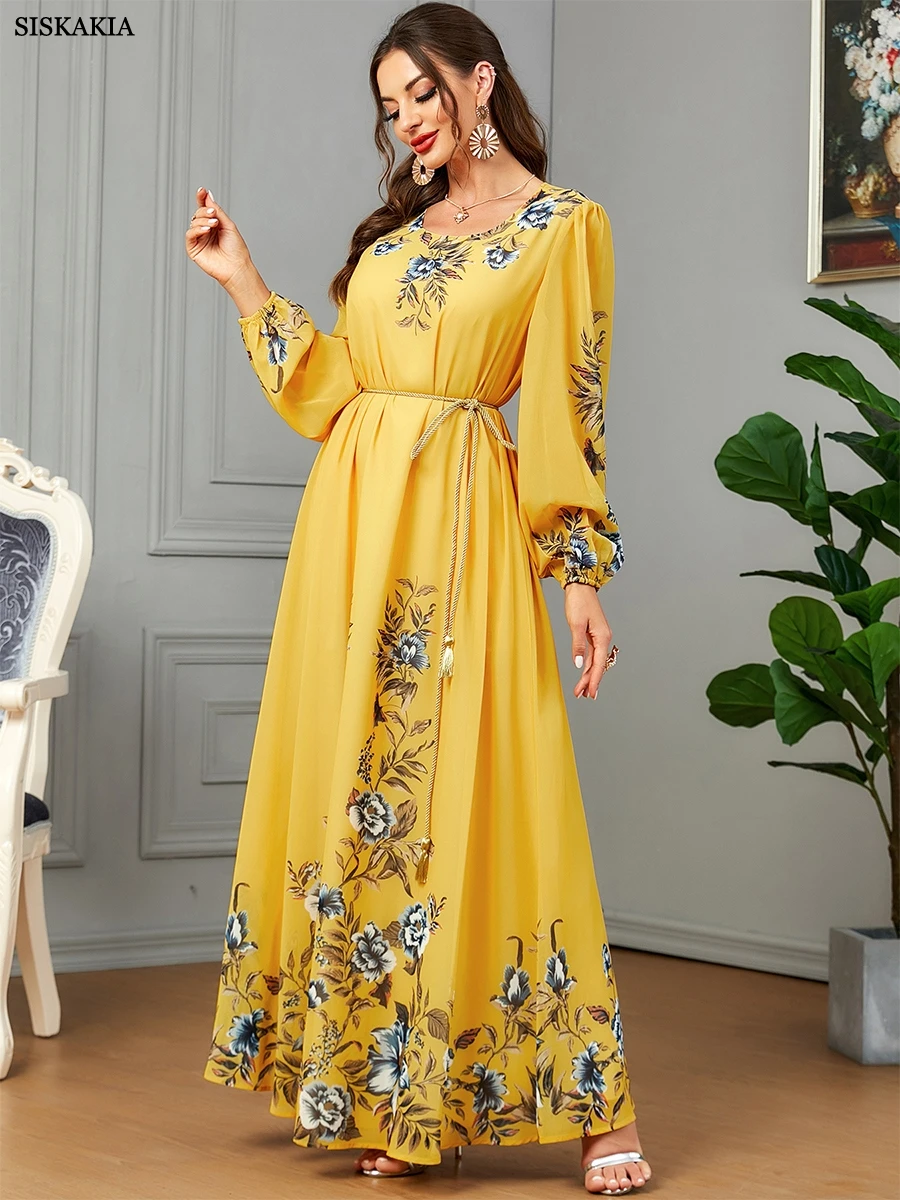 Siskakia Kleider mit langen Ärmeln Blumen druck Luxus muslimischen Abayas für Frauen Dubai marok kanis che Mode elegantes Abendkleid