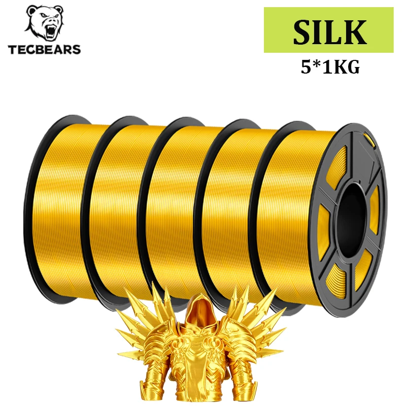 

TECBEARS Шелковая нить для 3D-принтера 1.75мм, 5 катушек, 5 кг, разноцветная PLA+ SILK, вакуумная упаковка без пузырьков, для FDM, DIY, подарочный материал