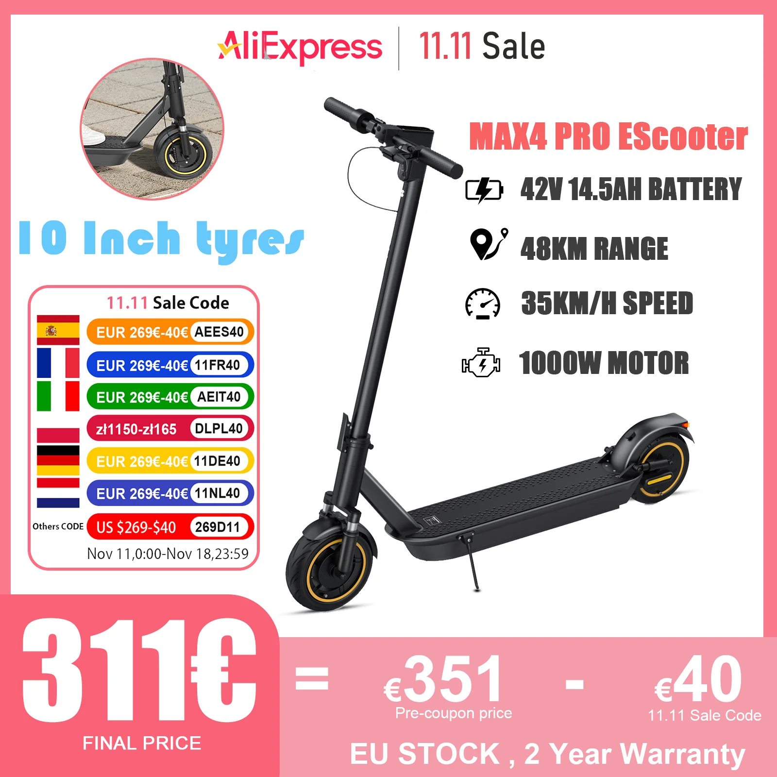 AOVOPRO MAX4 PRO Electric Scooter 42V 14.5AH Large Battery 45KM Long Range 1000W Powerful Motor 35KM/H 10“ Tyres Adult Escooter