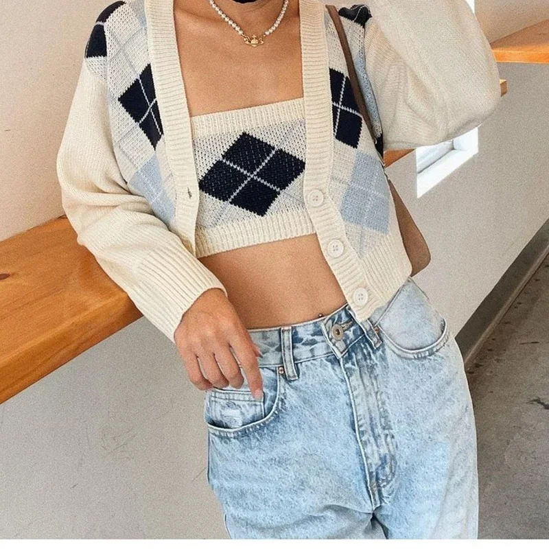 Sexy Ladies Retro Plaid Knit V-neck Single-breasted Knit Cardigan Sweater Retro Diamond Check Knit + Two-piece Chest Wrap 2023