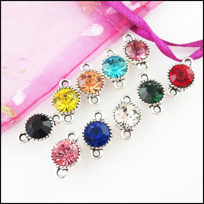 10Pcs Mixed Crystal Antique Silver Color Round Circle Charms Connectors 10x16mm