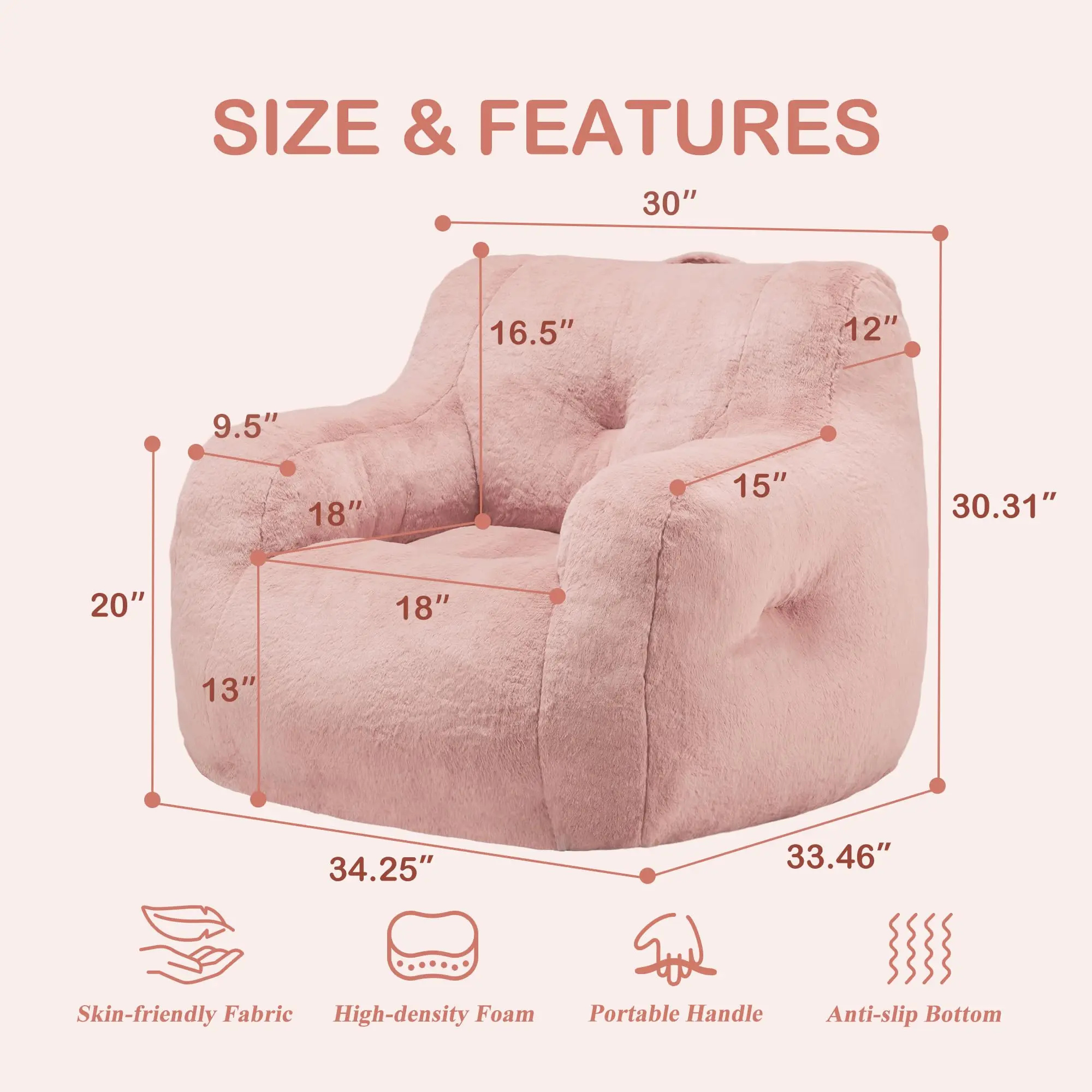 House Small Bean Bag Chair for Adult Boneless Vacuum Compressed Couch with Arms Furry Beanbag Chair Foam Filler Stuffed