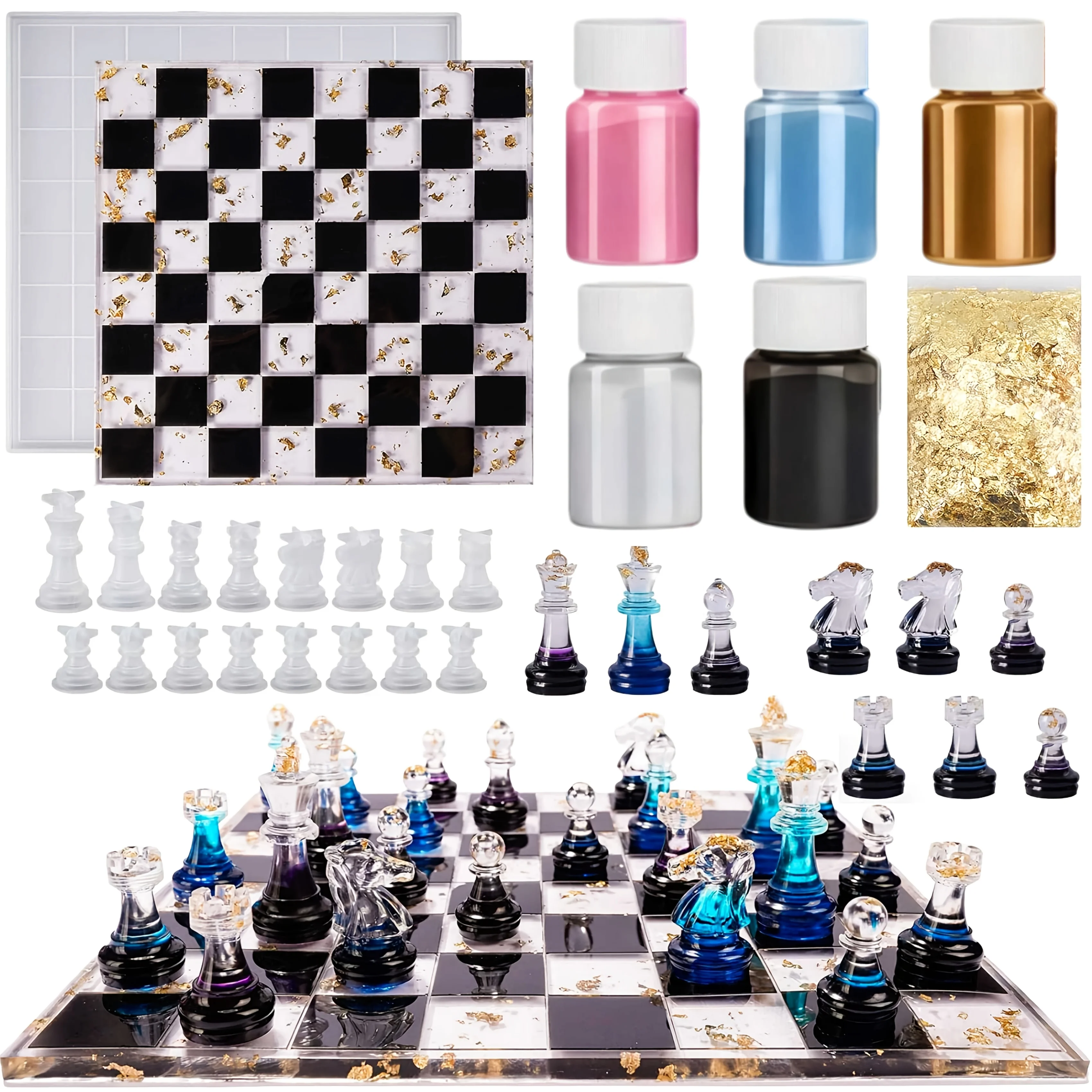 Ensemble d'échecs 23 pièces (moule en silicone pour échecs + peinture 5 couleurs + remplissage en feuille d'or) - Kit de bricolage pour la fabrication de plateaux de jeu, comprend des pièces 3D grandeur nature et des moules de moulage en résine, cadeaux créatifs, présentoir de meubles, kit de bricolage pour débutants, facile à utiliser