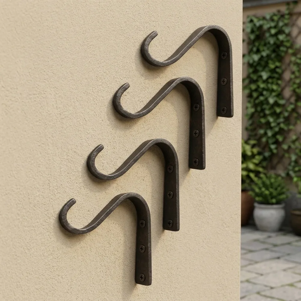 Black Wrought Iron Wall Hooks Set of 4 for Hanging Plants Lanterns Wind Chimes Bird Feeders Garden Decor Black