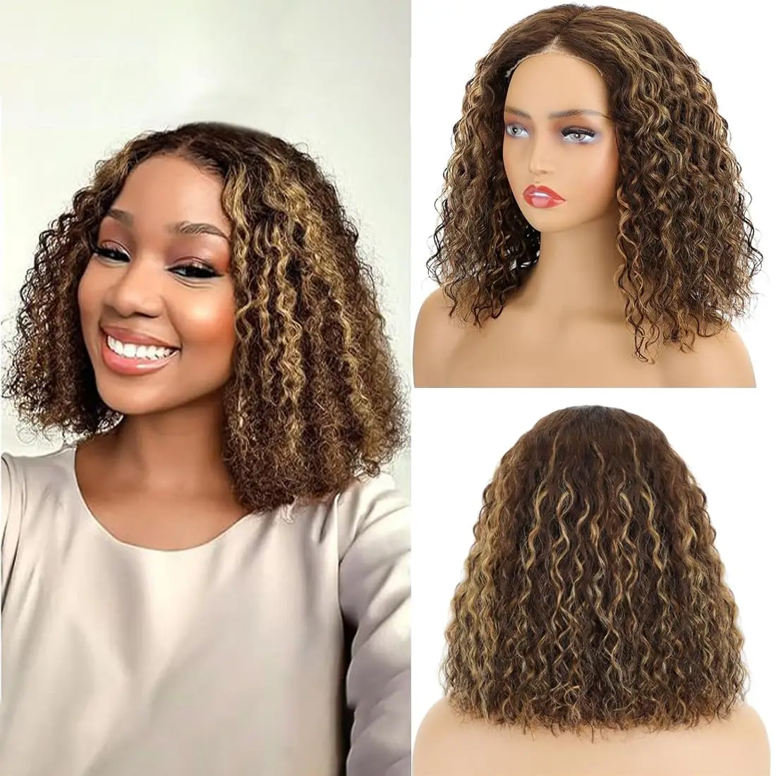 4/27 Highlight Ombre Color Curly Short Bob Lace Frontal Wig 250 Density Deep Wave Brown 13x4 Lace Frontal Wigs Human Hair