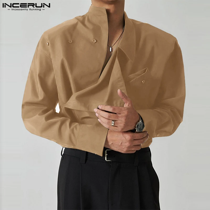 INCERUN 2023 Men\'s Irregular Shirt Solid Color Stand Collar Loose Long Sleeve Casual Men Clothing Streetwear Fashion Male Shirts