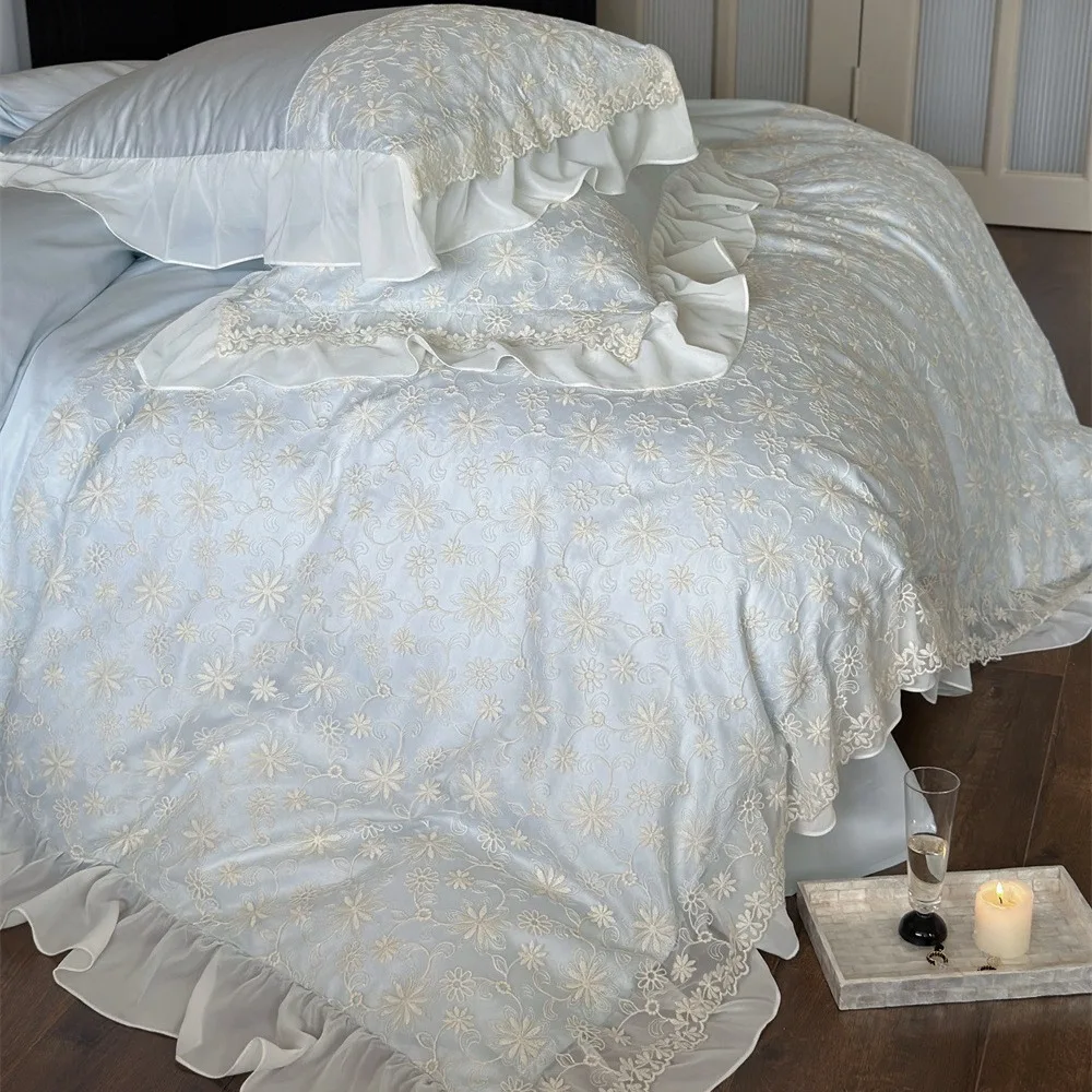 

JC Fairy Feeling Three-dimensional Lace Water-soluble Embroidery Jacquard Four-piece Set Australian Cotton Chiffon Pleated Lace