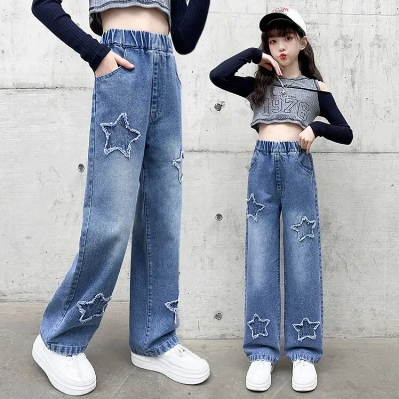 

Girls Loose Wide-leg Jeans Trousers Children Fashion Star Pattern Straight Denim Pants Spring Autumn Casual Clothing 5-12 Years