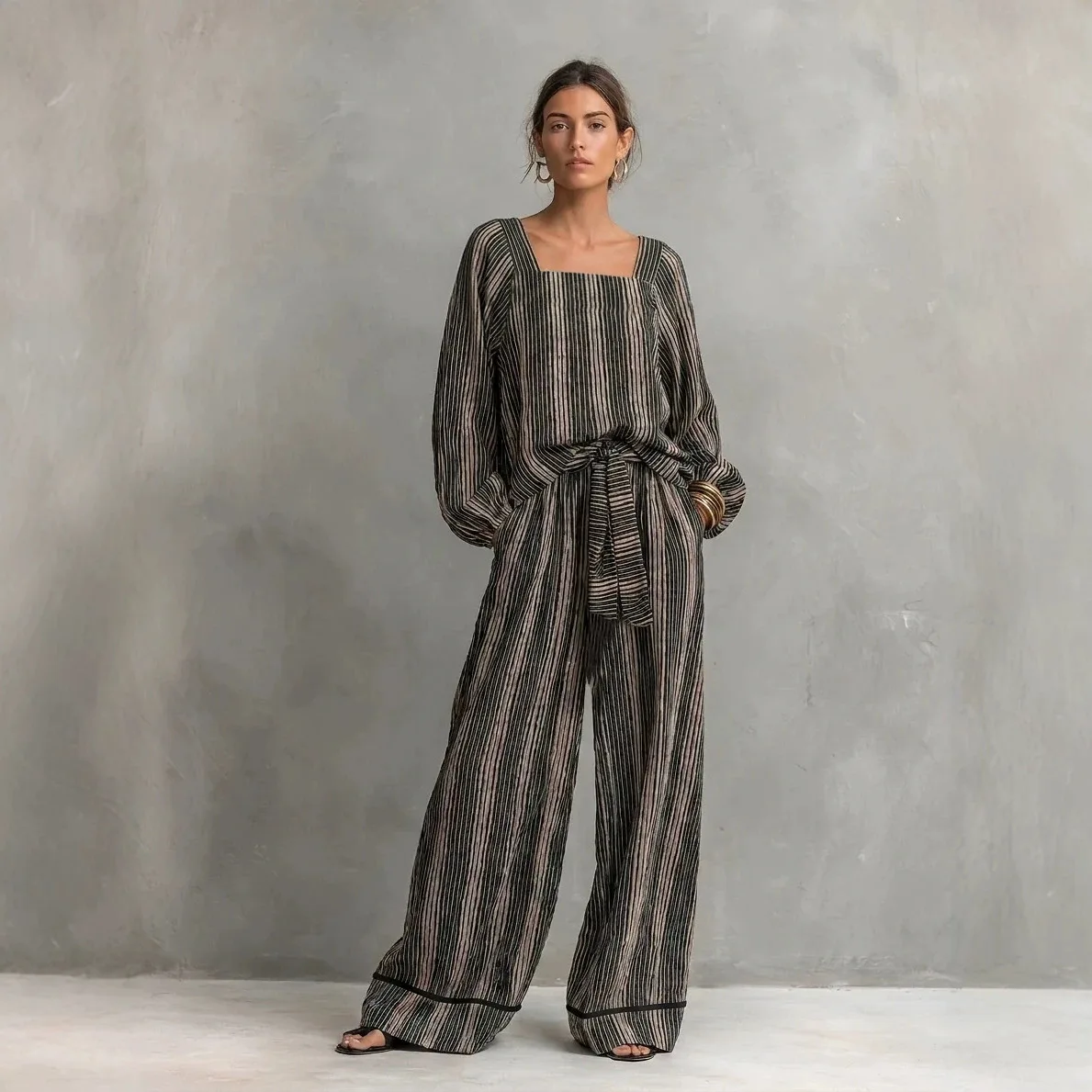 Casual Elegant Autum Striped 2 Piece Set Women Square Neck Long Sleeve Blouse + Wide Leg Pants Lady Loose Vacation Matching Suit