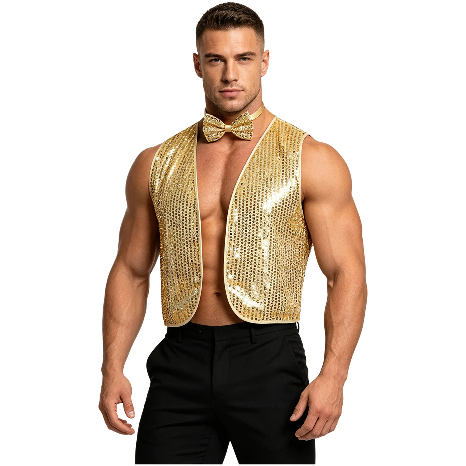 Men's Sparkling Sequins Vest Disco Party Dance Costume V-Neck Sleeveless Open Front Waistcoat with Bowtie for Wedding Banquet
