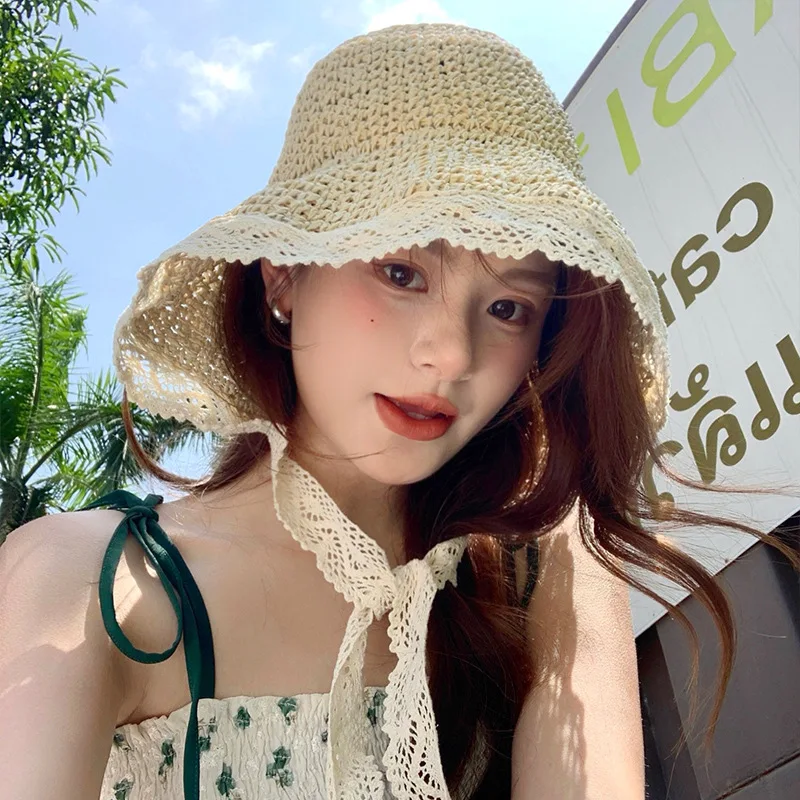 Lace Straw Hat Women Summer Sun Hats Woman  Wide Brim Straw Beach Side Cap Floppy Female Straw Hat Lace Solid Fringe Summer Cap