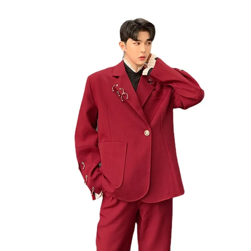 Autumn Winter Personalized Design Iron Ring Decoration Wine Red Suit 2024 New Korean Fashion Solid Color Male Luxury