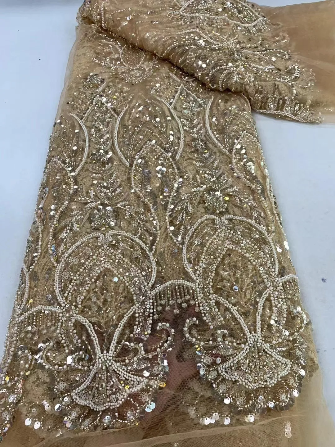 

Brown Luxurious Sequence Beaded Lace Fabrics, Nigerian and African Lace, Embroidery Fabric for Wedding, High Quality, 2024