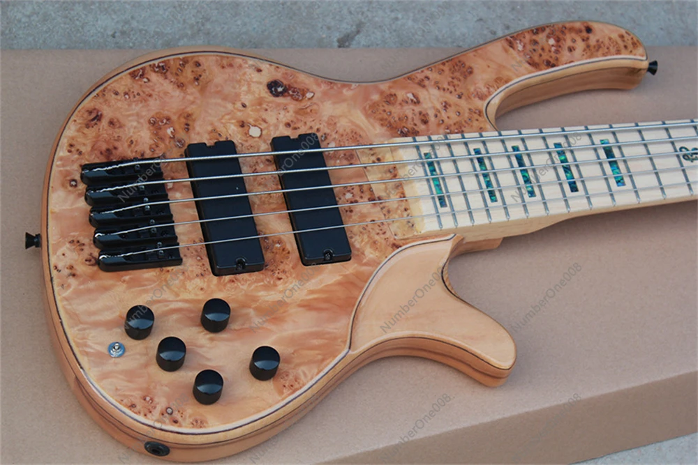 Flyoung 5 Strings Burl Maple Top Electric Bass Guitar with Black Hardware,Pearl Inlays,Offer Customize