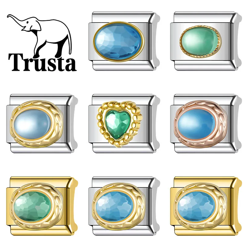 Trusta 2026 Blue Simple Heart Round Ellipse Zircon Italian Charm Link Fit 9mm Stainless Steel Bracelet DIY Making Beads N638