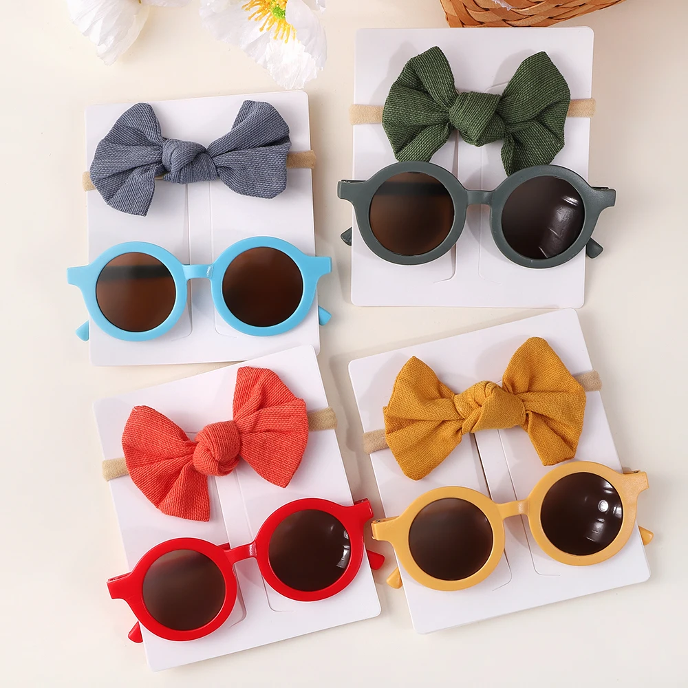 2Pcs/Pack Vintage Kids Summer Bows Headband Round Sunglasses Children Sun Glasses Protection Glasses Baby Hair Accessories