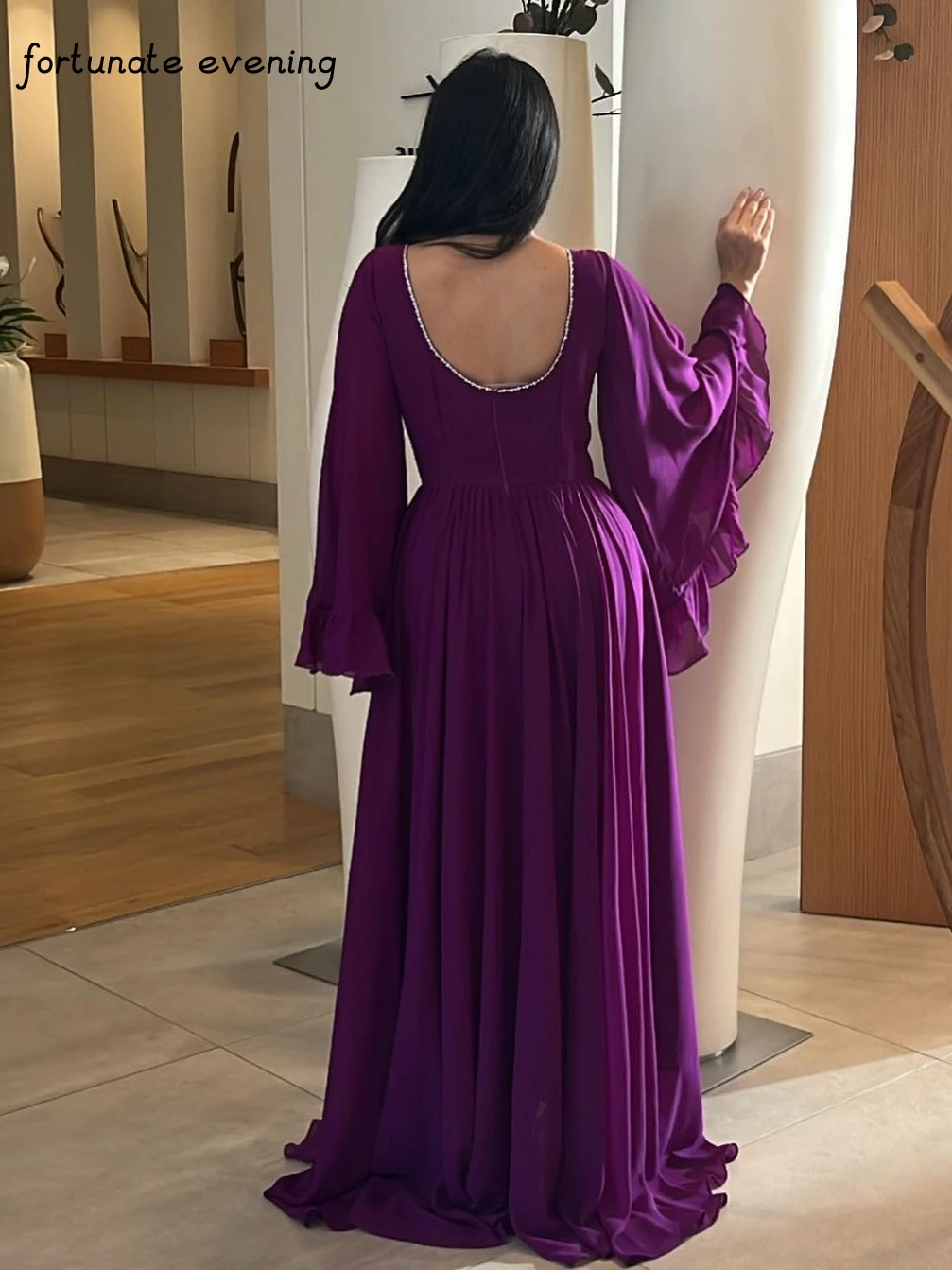 Fortunate Evening Elegant Vintage Sweet Sexy Purple Beads Chiffon Backless Ruffle Formal Occasion Prom Dress Evening Party Gowns