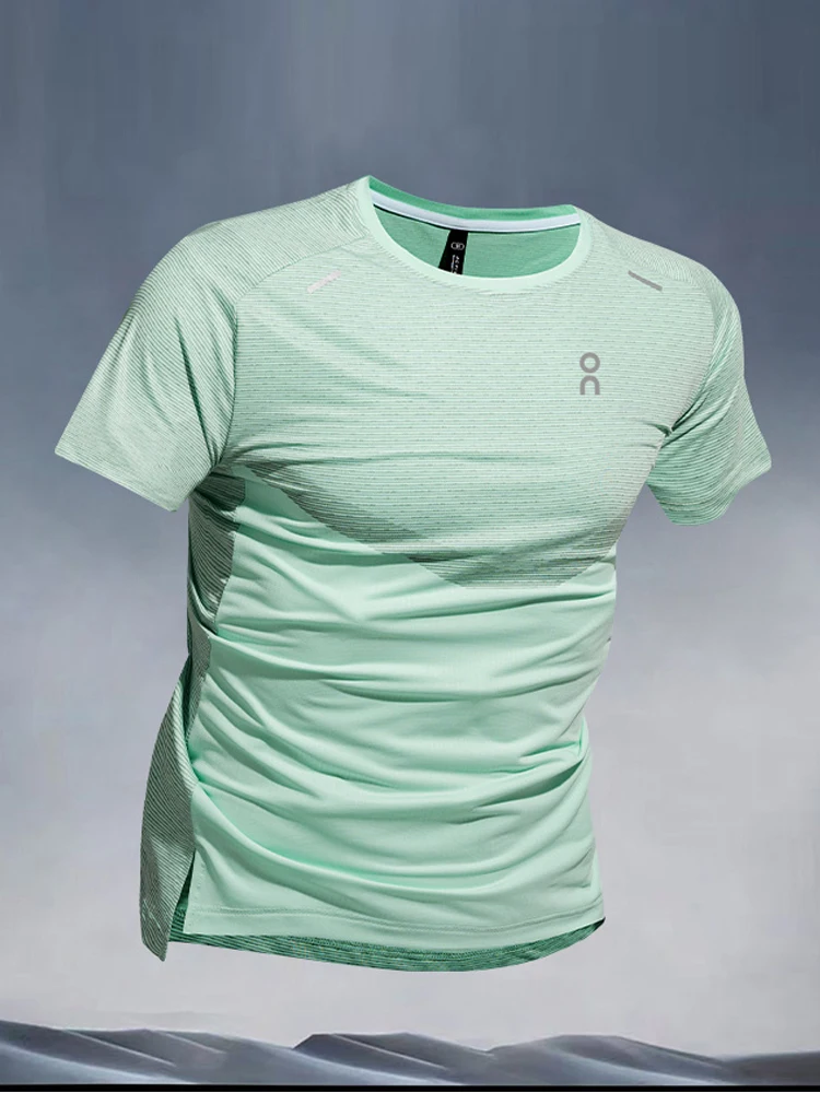 

Мужская летняя футболка из быстросохнущей ткани, круглой формы, для бега, фитнеса, дышащая, спортивная, удобная, эластичная.