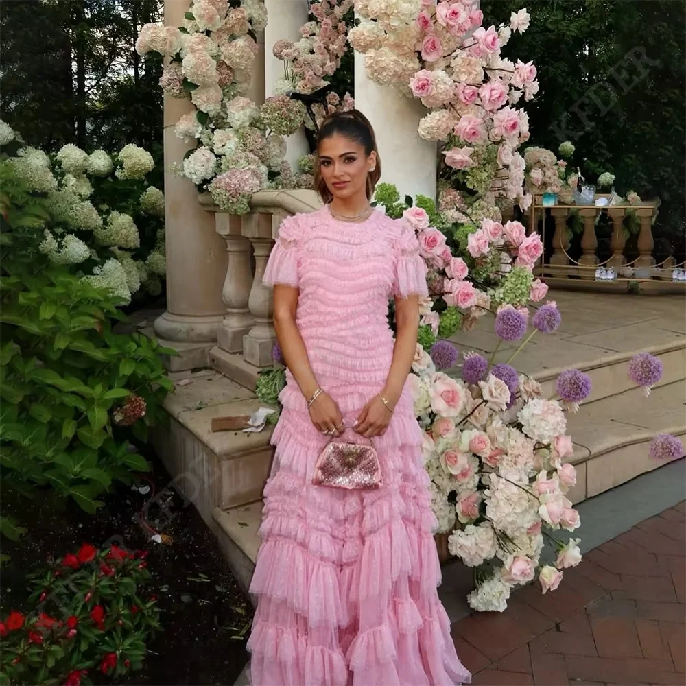 Pink O Neck Tulle Tiered Formal Dresses With White Dots Party Dress Customized Long A Line Evening Wedding Prom Events Gowns