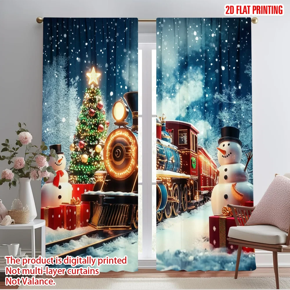 2pcs,2D plane printing Curtains&Window Treatment Christmas Train Versatile Polyester Fabric (without rod) Room Decor Perfect for