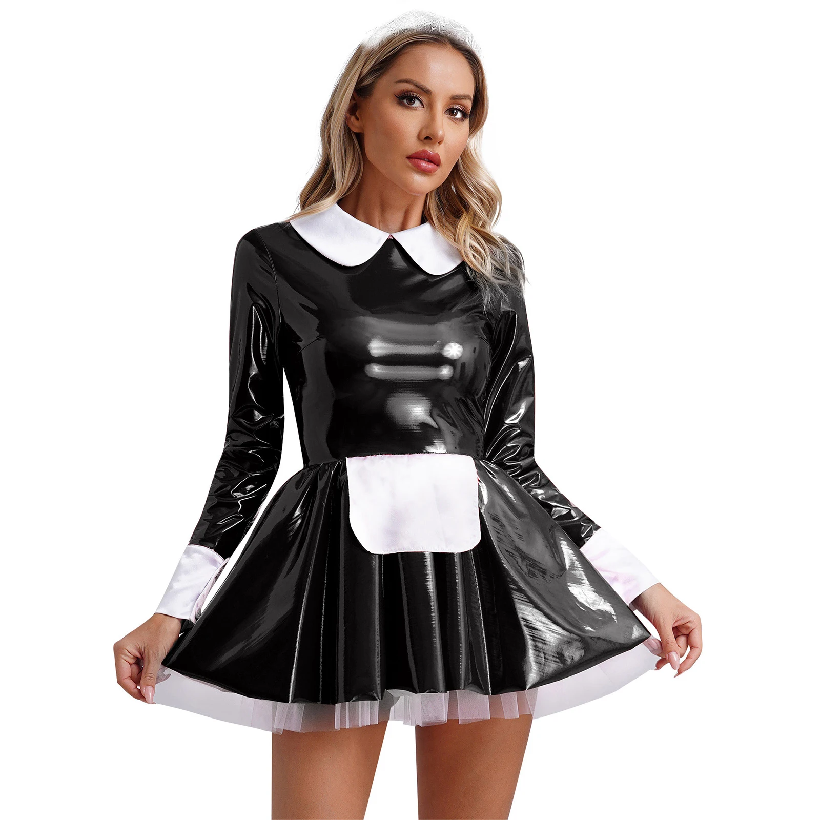 Halloween Maid Uniform Dress Womens Patent Leather Long Sleeve Apron Tulle Underskirt Dress+Floral Lace Headband Cosplay Costume