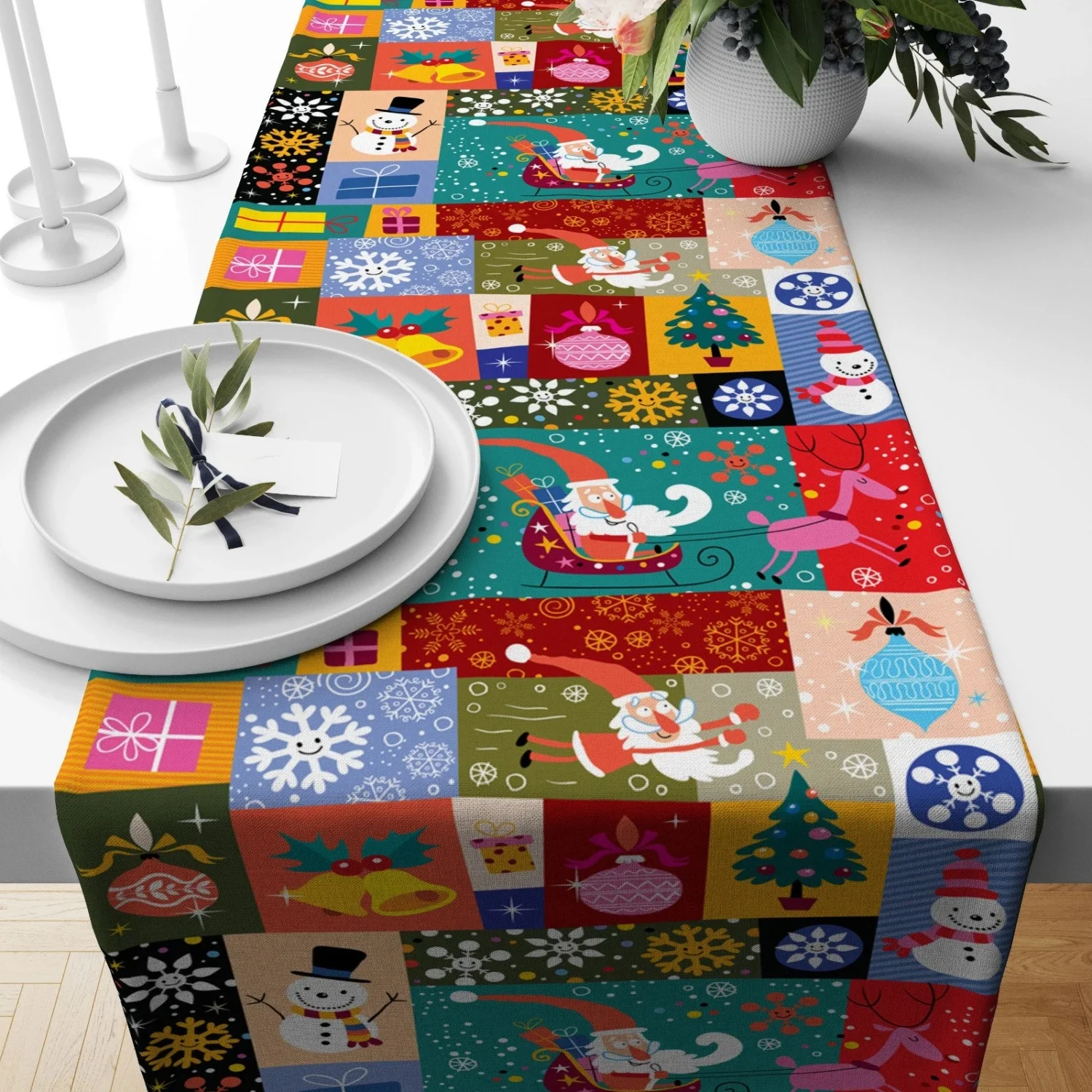 Joyful Christmas Table Runner, Colorful Xmas Runner, Blue Red Holiday Kitchen Textile, Dining Room Decor