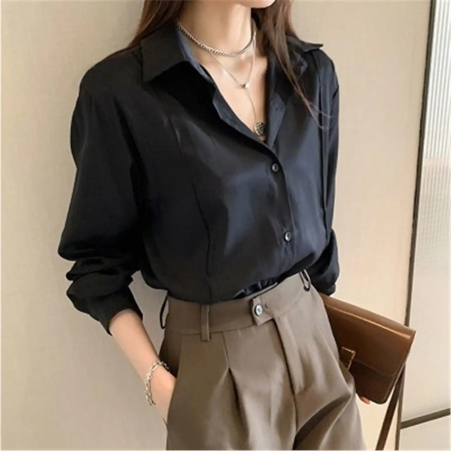 

Long Sleeve Button up Outerwear Base Layer Unique Style Light Maturity Korean Design Shirt Women's Loose Fit Thin Material Po...