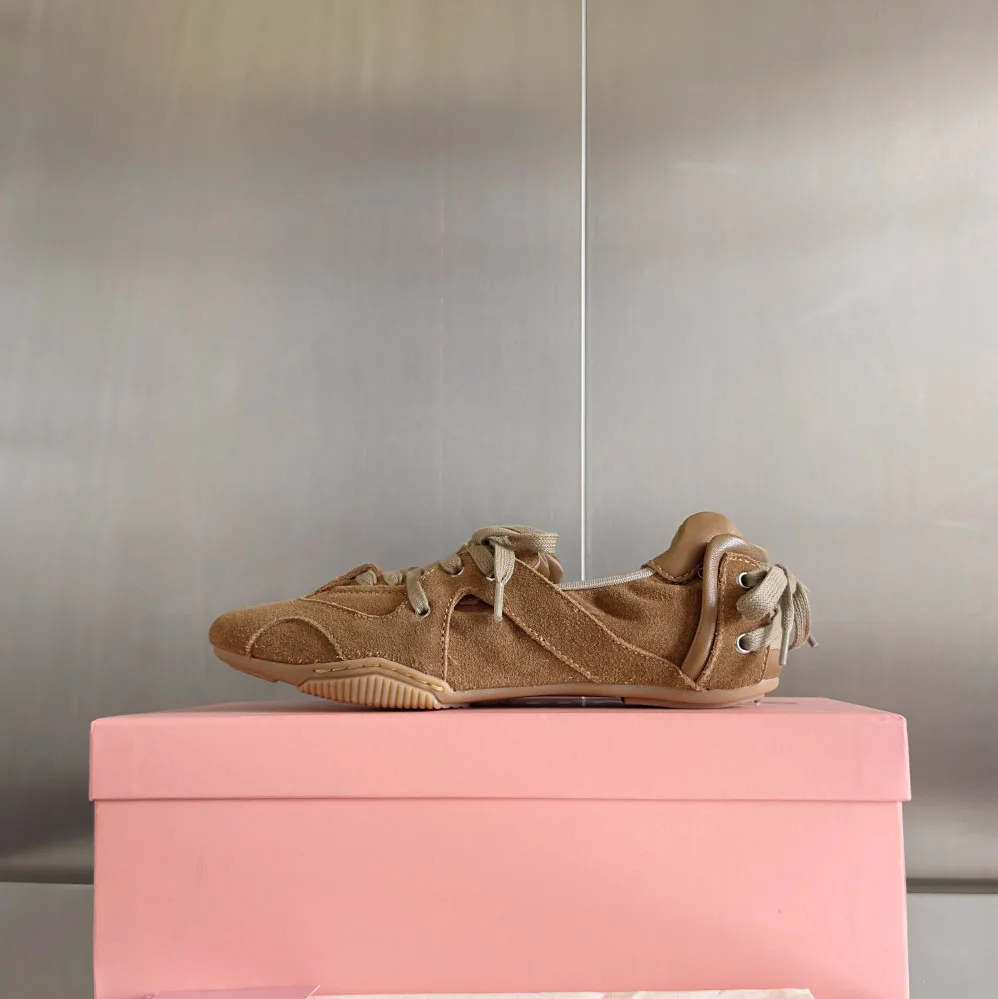 

Women's Lace-up Suede Sneakers Brown Black Ballerina Ballet Shoes Grey