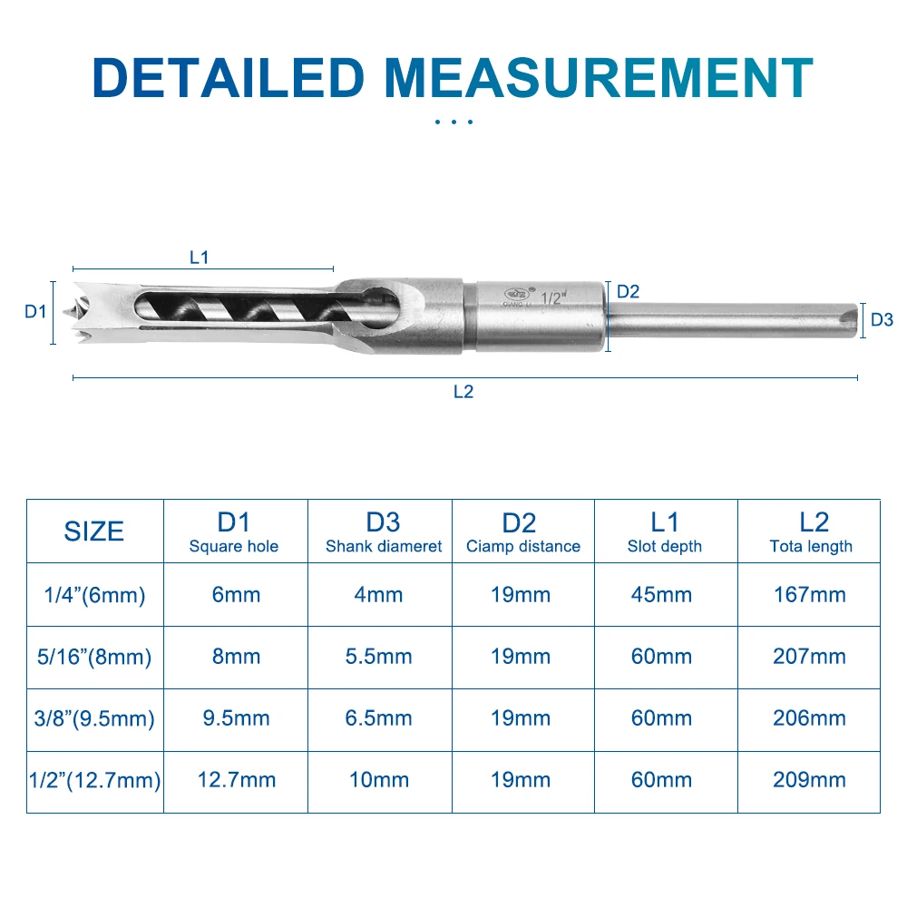 NINDEJIN 4pcs Square Hole Drill Mortising Chisel High Speed Steel Woodworking Tool Auger 1/4\