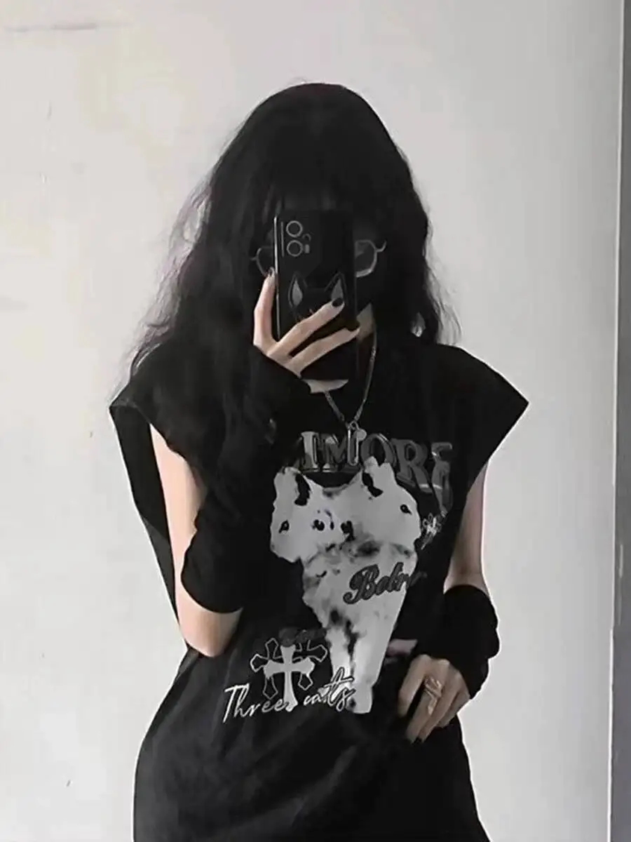 Women Tank Top 2026 New Dark Street Women Hooded Sleeveless Top Washed Loose Vest With Cute Cat Demon Print Unisex Casual Top