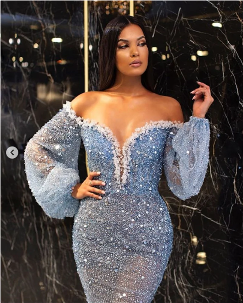 

Sequins Paillette Women Prom Dress Deep V-Neck Mermaid Party Gown Glamorous Blue Sheer Puff Sleeve Evening Dress Newest In Stock