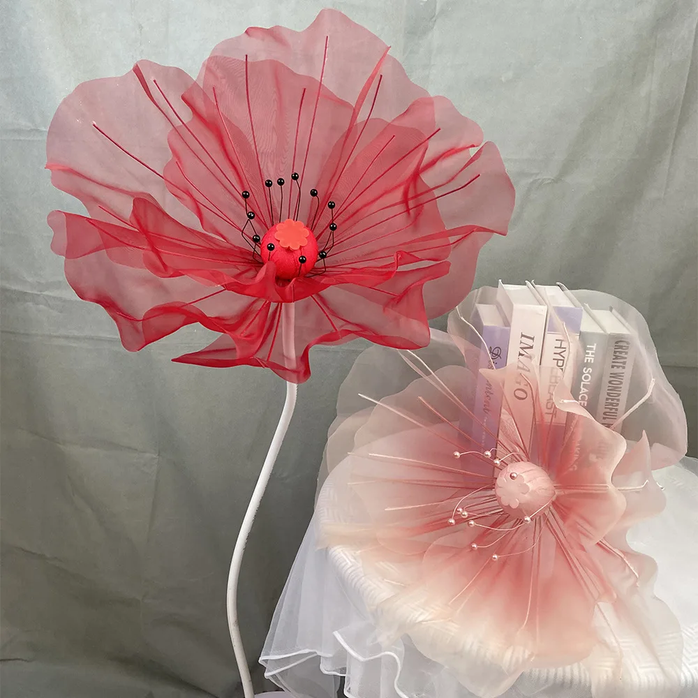 1P Filato di seta Poppy Testa di fiore artificiale Puntelli per fotografia Decorazione della festa nuziale Filato gigante Fiori Vetrina Ornamenti