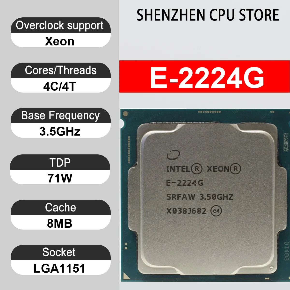 Intel Xeon E-2224G 4 Core 4 Thread 3.5GHz 71W 8MB Cache 14nm LGA 1151 SRFAW DDR4 2666 MHz Coffee Lake UHD Graphics P630
