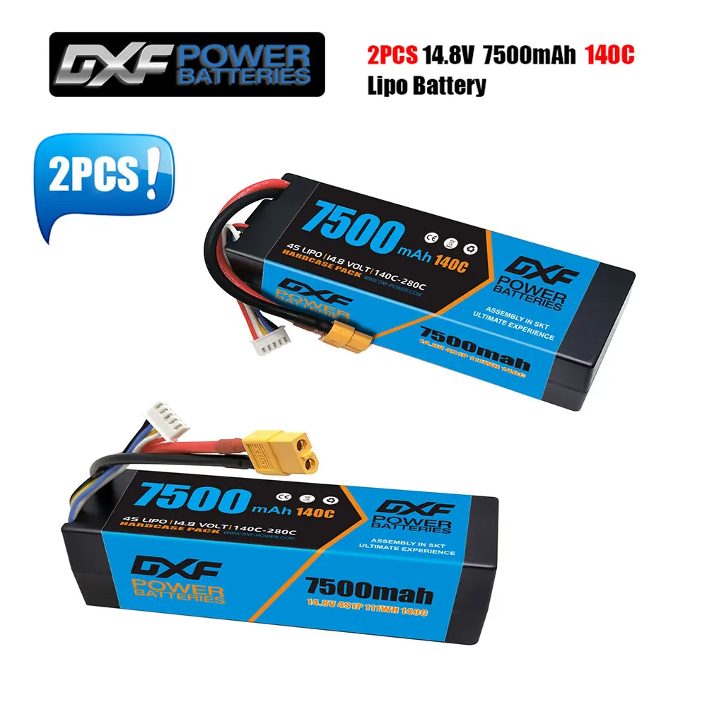 

2PCS DXF 4S Lipo Battery 14.8V 7500mAh 140C with XT60 EC5 TRX T/DEANS XT90/XT90s XT150 HardCase For 1/8 Buggy RC Car Airplane