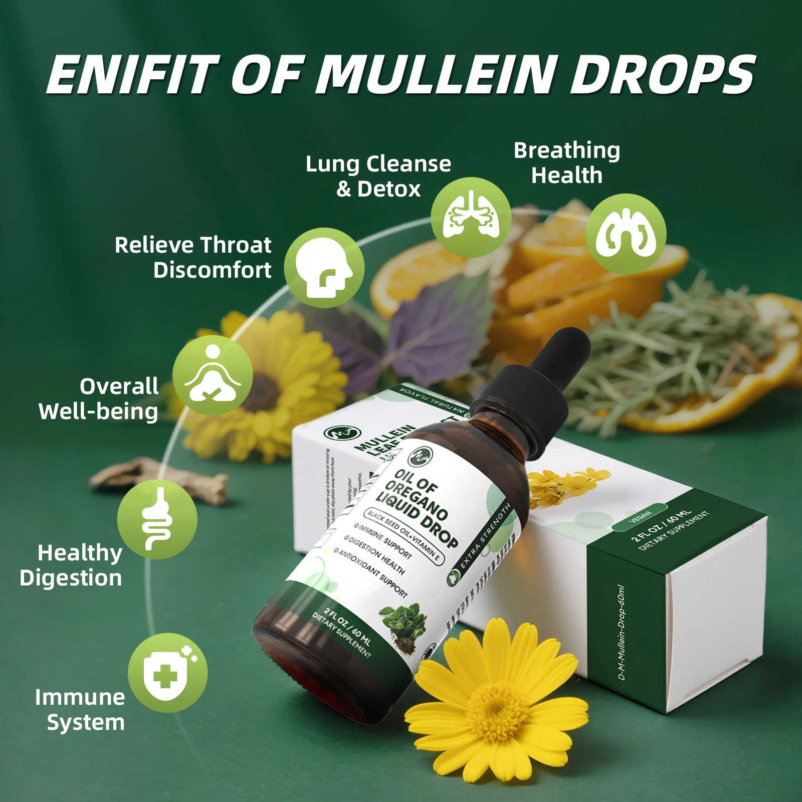 MINCH 60 مللي قطرة أوراق المولين 100% أوراق مولين نقية لتنظيف الرئتين ودعم الجهاز التنفسي بدون إضافات وخالية من الكافيين #4