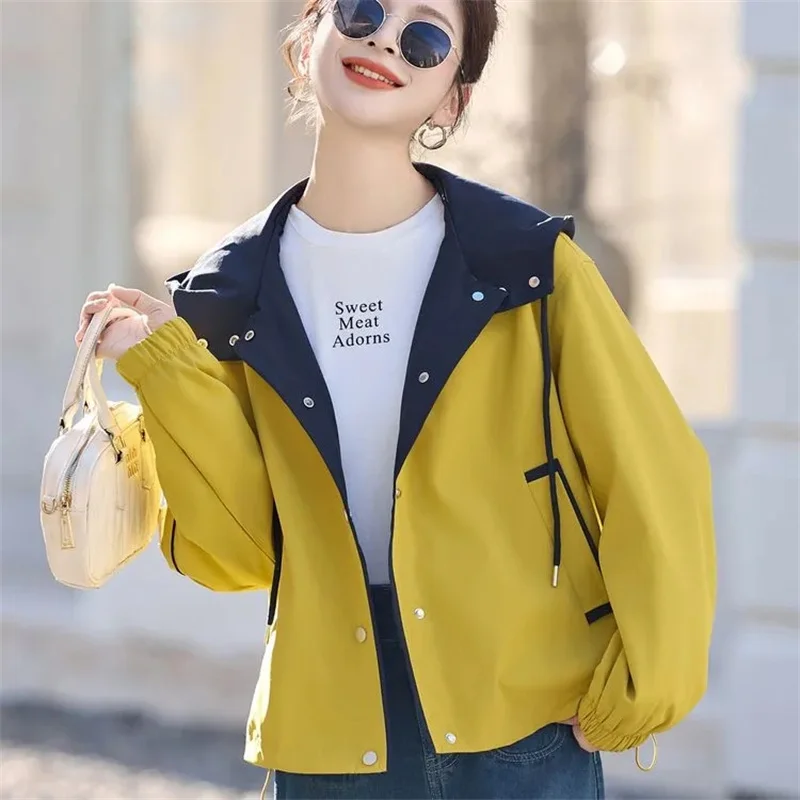 

Осенние женские модные топы с капюшоном, пальто, корейская женская куртка с цветными блоками, высококачественная женская верхняя одежда с длинными рукавами