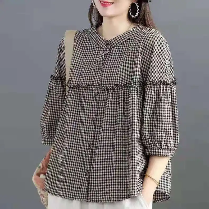 

Cotton Linen Plaid irt Women's Artistic Sle Doll Long Sve Loose Fit Button up round Ne Commute Faion Casual irt