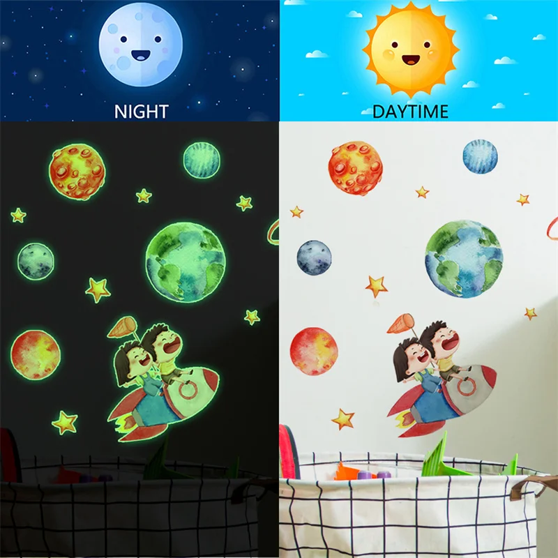 Glow In The Dark Wall Stickers Ceiling Solar System Planets Stars Luminous Growing Decals for Kids Baby Bedroom Decoration Items