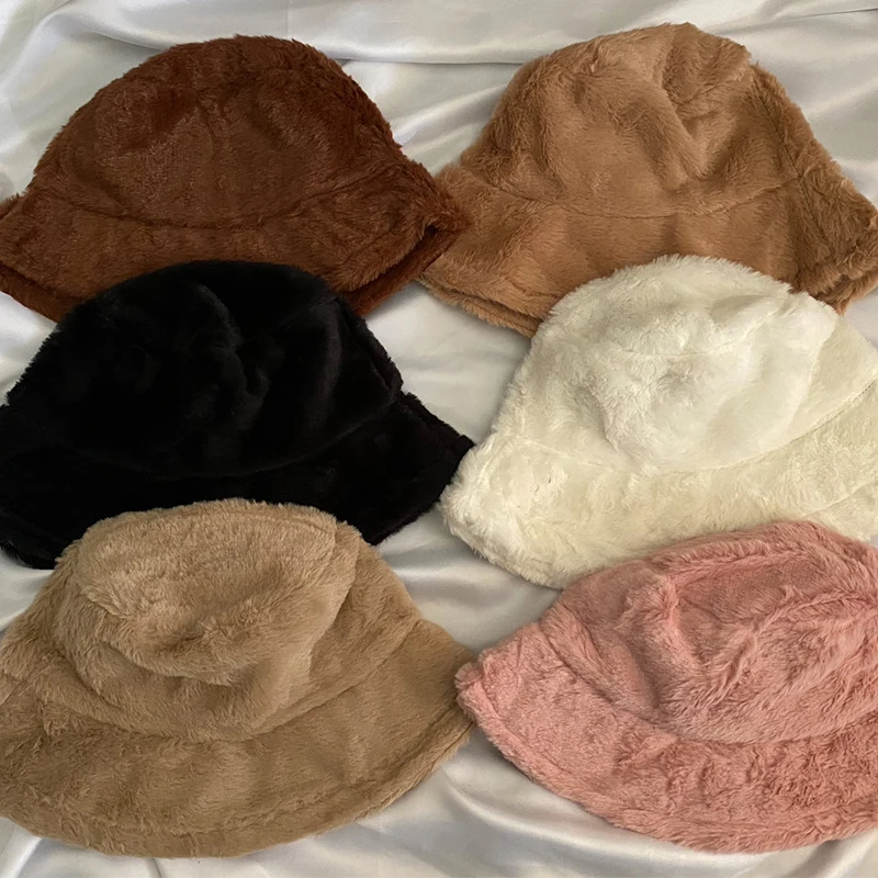 Y2K Fordable Wide Brim Lamb Wool Bucket Hat Fluffy Faux Fur Hat Women Warm Thick Plush Winter Hats Fashion Panama Fisherman Cap