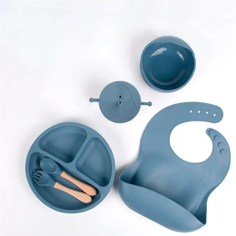 B05C-Baby Plates Silicone Baby Feeding Set Baby Led Weaning Supplies Silicone Fork & Spoon Green