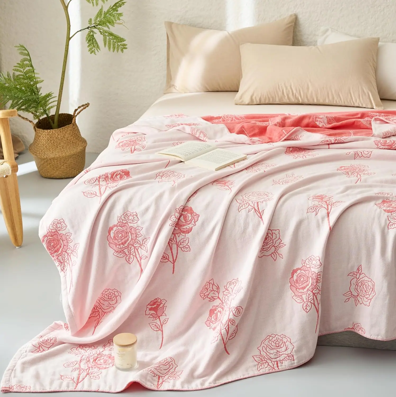 

Rose Pink White Flower 100% Cotton Muslin Blanket Throw Cover For Bed Couch Sofa Cozy Soft Reversible Bedding Blanket Bedspread