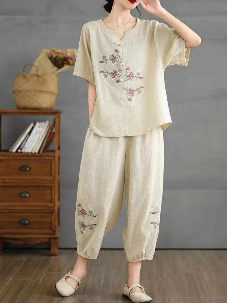 Oversized Chinese Style Summer Floral Print Embroidery 2 Two Piece Set Women Short Sleeve Modis Ladies Blouses Loose Woman Pants