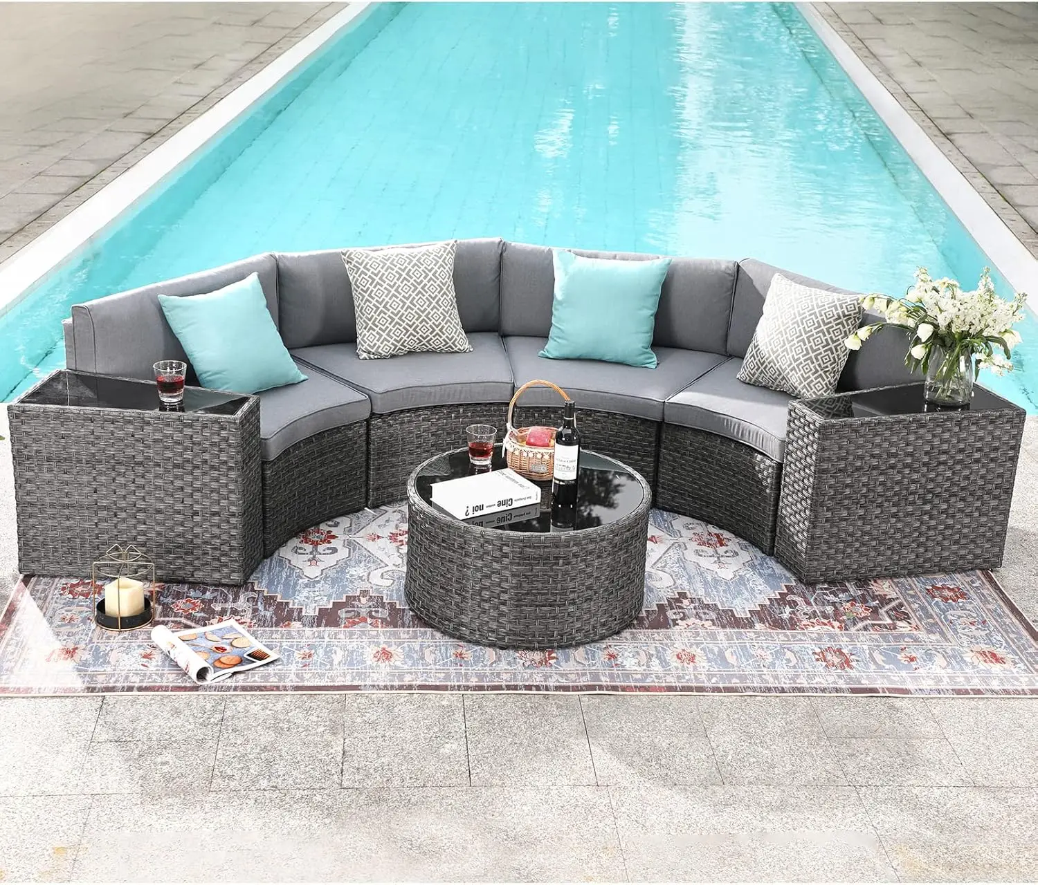 

Outdoor Patio Furniture Sectional 7-Piece Half-Moon Curved Outdoor Sofa Set w/ Round Coffee Table, 4 Pillows & Waterproof Cover