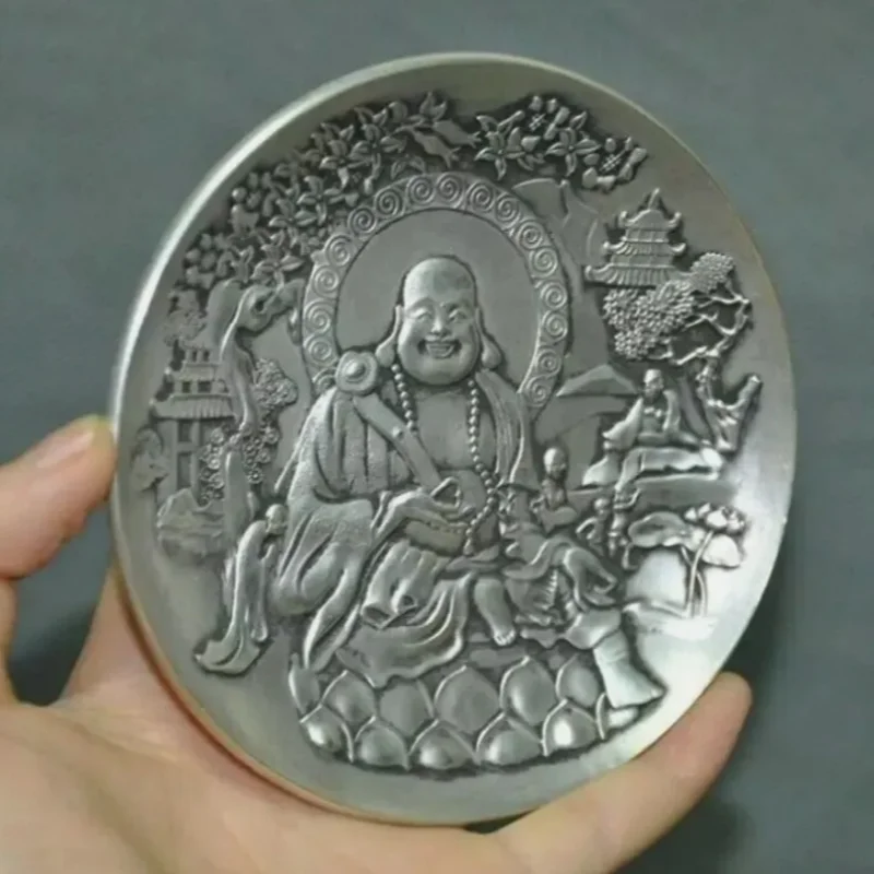 Tibetan Buddhism Temple Tibetan Silver Happy Laughing Maitreya Buddha Plate Dish